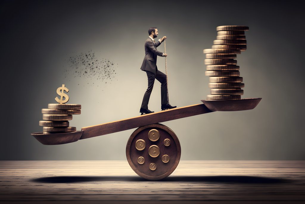 A businessperson adeptly balances stacked coins on a seesaw, sho