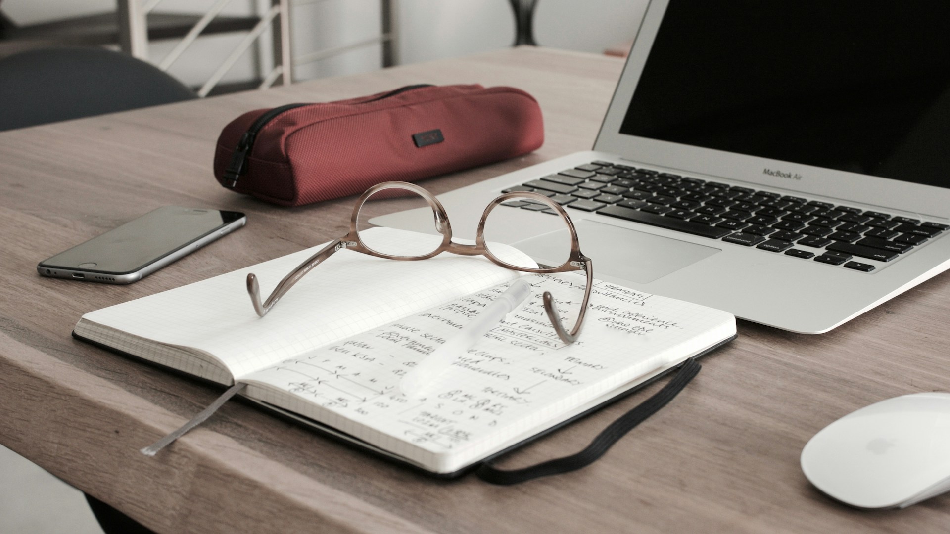 reading glasses on top of a notebook